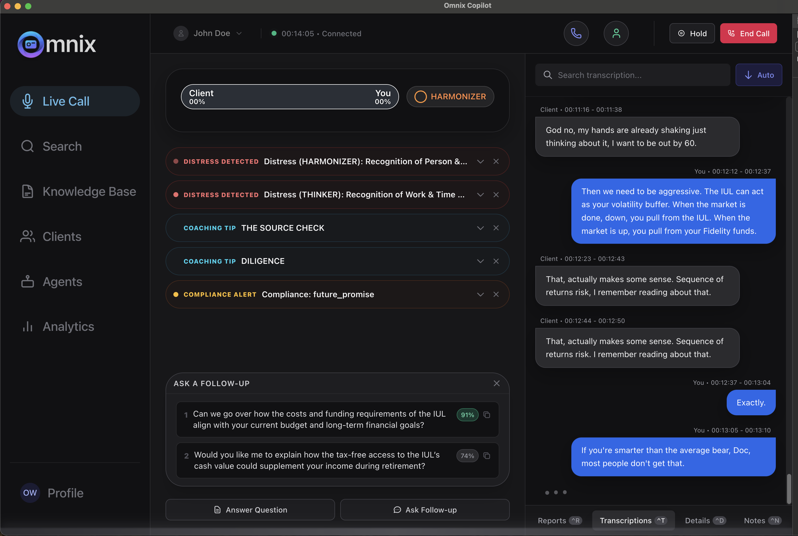 Omnix live coaching view showing distress detection, compliance alerts, follow-up question suggestions, and a live transcript.