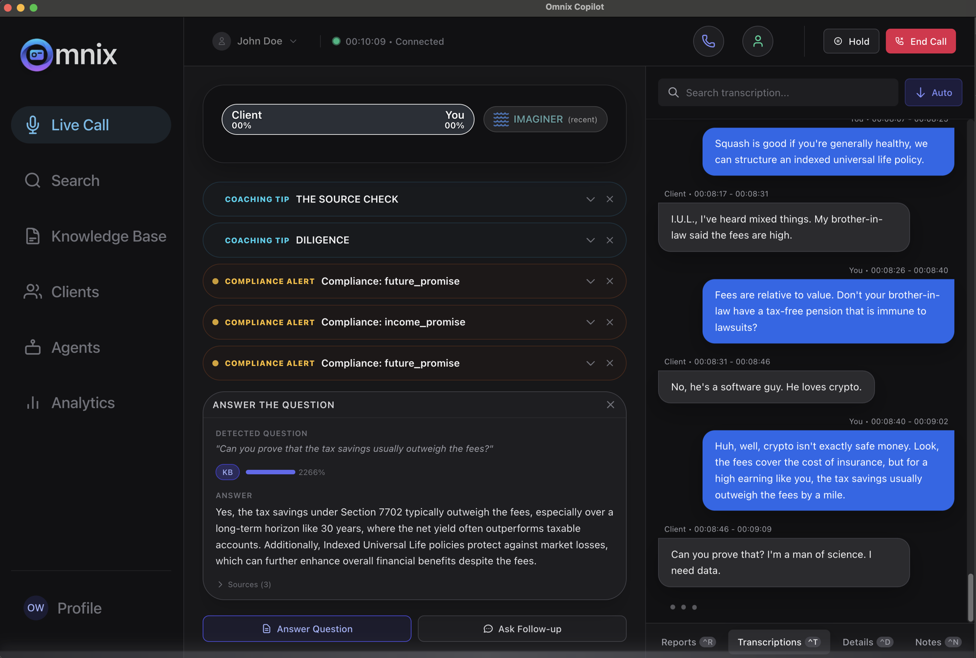 Omnix live call workspace showing coaching tips, compliance alerts, a detected question with a sourced answer, and the live transcript.